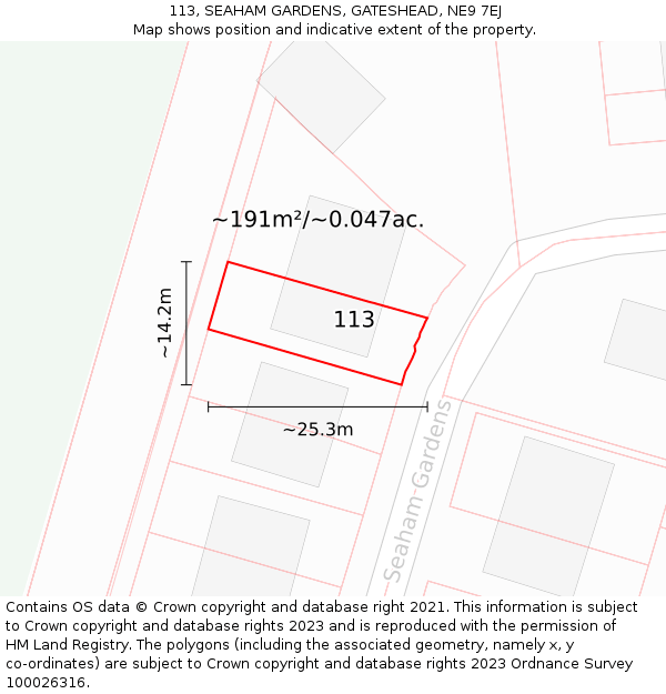 113, SEAHAM GARDENS, GATESHEAD, NE9 7EJ: Plot and title map