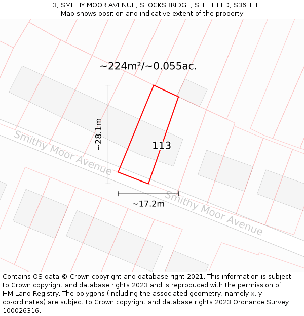 113, SMITHY MOOR AVENUE, STOCKSBRIDGE, SHEFFIELD, S36 1FH: Plot and title map