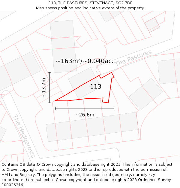 113, THE PASTURES, STEVENAGE, SG2 7DF: Plot and title map
