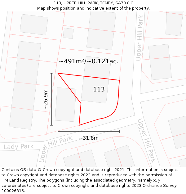 113, UPPER HILL PARK, TENBY, SA70 8JG: Plot and title map