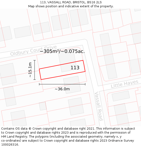 113, VASSALL ROAD, BRISTOL, BS16 2LS: Plot and title map