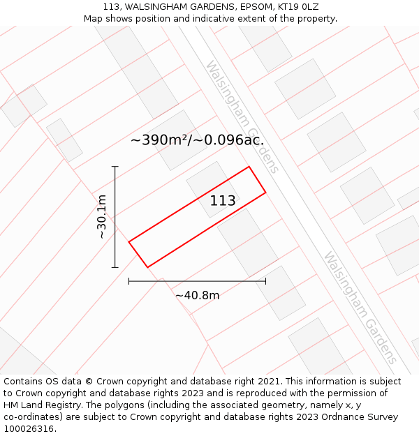 113, WALSINGHAM GARDENS, EPSOM, KT19 0LZ: Plot and title map