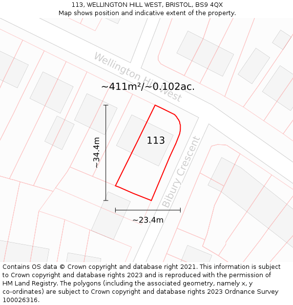 113, WELLINGTON HILL WEST, BRISTOL, BS9 4QX: Plot and title map