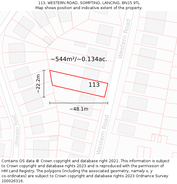 113, WESTERN ROAD, SOMPTING, LANCING, BN15 9TL: Plot and title map