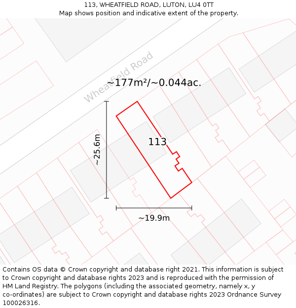 113, WHEATFIELD ROAD, LUTON, LU4 0TT: Plot and title map