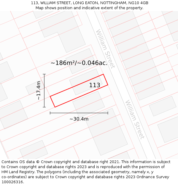 113, WILLIAM STREET, LONG EATON, NOTTINGHAM, NG10 4GB: Plot and title map