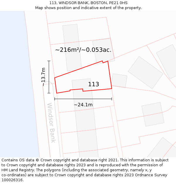 113, WINDSOR BANK, BOSTON, PE21 0HS: Plot and title map