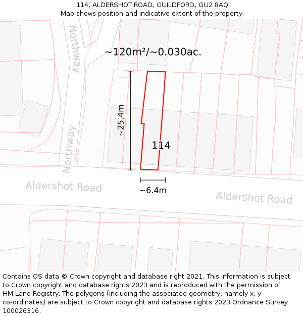 114, ALDERSHOT ROAD, GUILDFORD, GU2 8AQ: Plot and title map