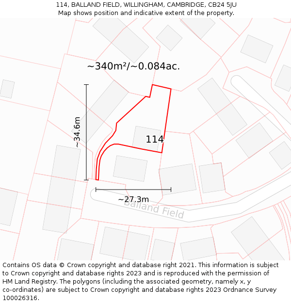 114, BALLAND FIELD, WILLINGHAM, CAMBRIDGE, CB24 5JU: Plot and title map