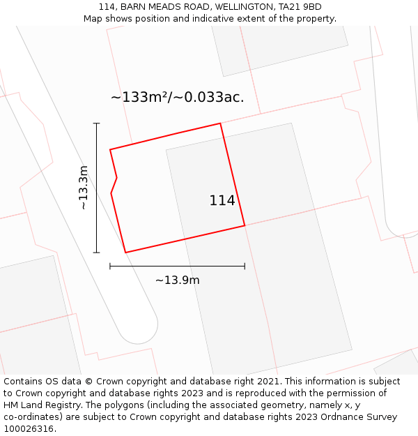 114, BARN MEADS ROAD, WELLINGTON, TA21 9BD: Plot and title map