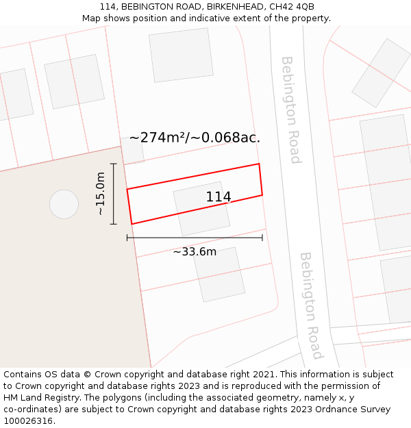 114, BEBINGTON ROAD, BIRKENHEAD, CH42 4QB: Plot and title map