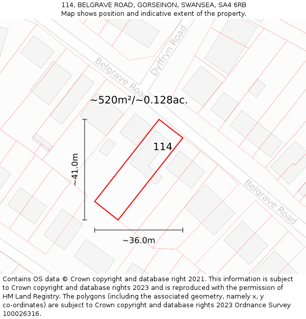 114, BELGRAVE ROAD, GORSEINON, SWANSEA, SA4 6RB: Plot and title map