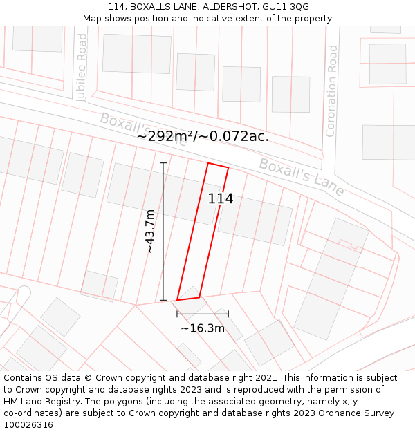 114, BOXALLS LANE, ALDERSHOT, GU11 3QG: Plot and title map