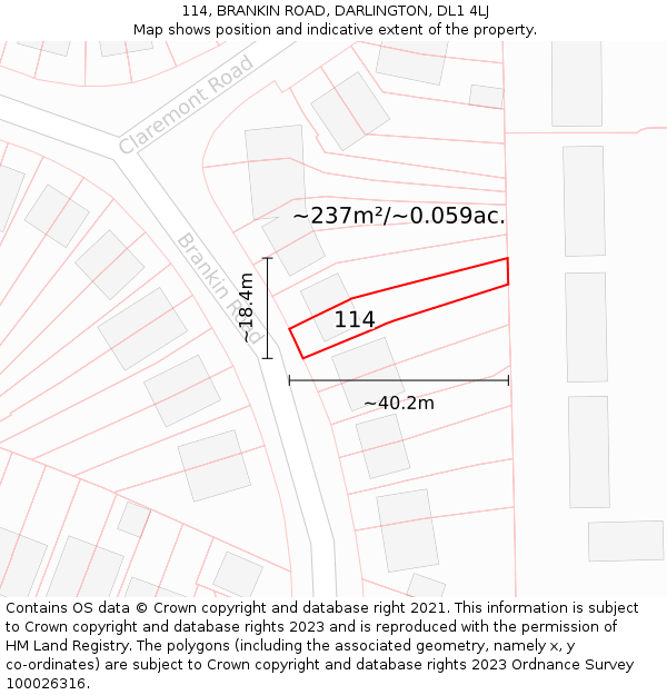 114, BRANKIN ROAD, DARLINGTON, DL1 4LJ: Plot and title map