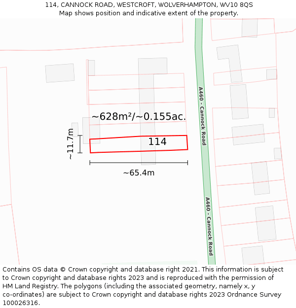 114, CANNOCK ROAD, WESTCROFT, WOLVERHAMPTON, WV10 8QS: Plot and title map