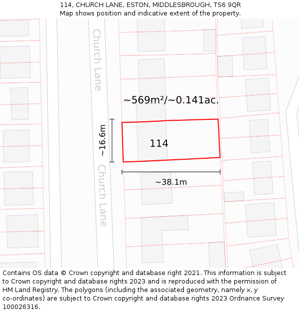 114, CHURCH LANE, ESTON, MIDDLESBROUGH, TS6 9QR: Plot and title map