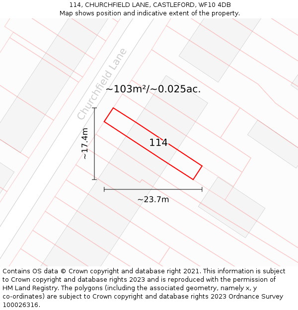 114, CHURCHFIELD LANE, CASTLEFORD, WF10 4DB: Plot and title map