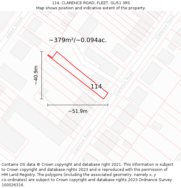 114, CLARENCE ROAD, FLEET, GU51 3RS: Plot and title map