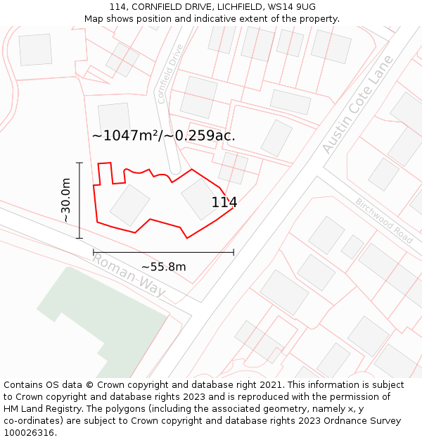 114, CORNFIELD DRIVE, LICHFIELD, WS14 9UG: Plot and title map