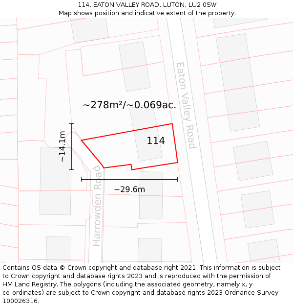 114, EATON VALLEY ROAD, LUTON, LU2 0SW: Plot and title map