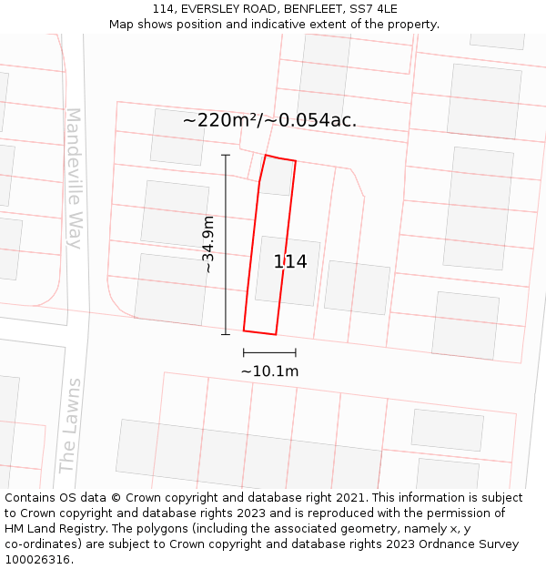 114, EVERSLEY ROAD, BENFLEET, SS7 4LE: Plot and title map