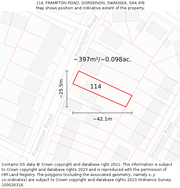 114, FRAMPTON ROAD, GORSEINON, SWANSEA, SA4 4YE: Plot and title map