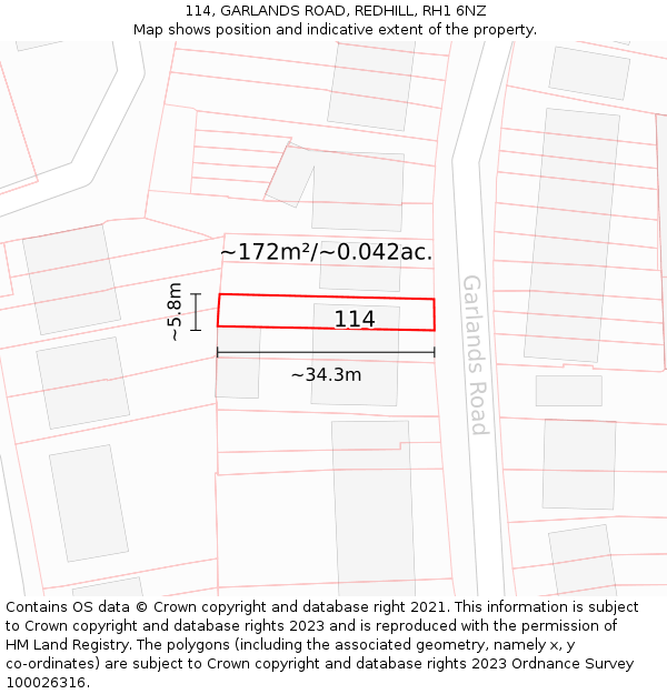 114, GARLANDS ROAD, REDHILL, RH1 6NZ: Plot and title map