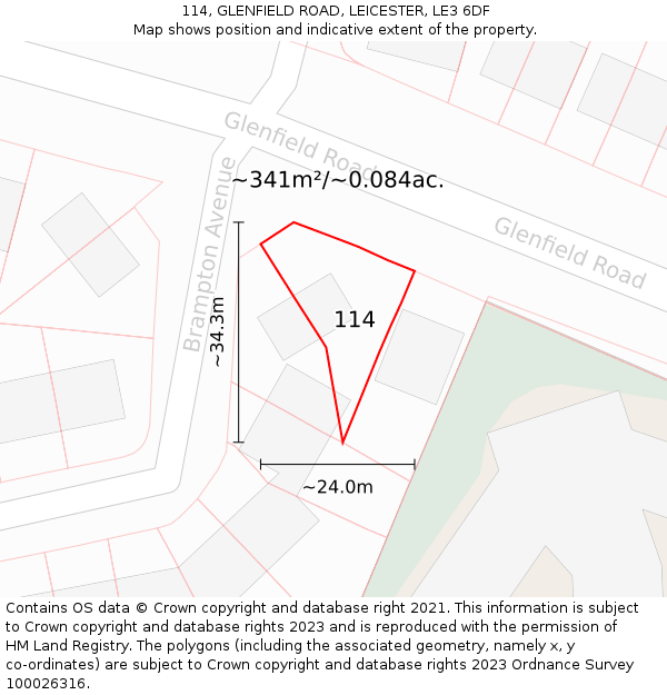 114, GLENFIELD ROAD, LEICESTER, LE3 6DF: Plot and title map