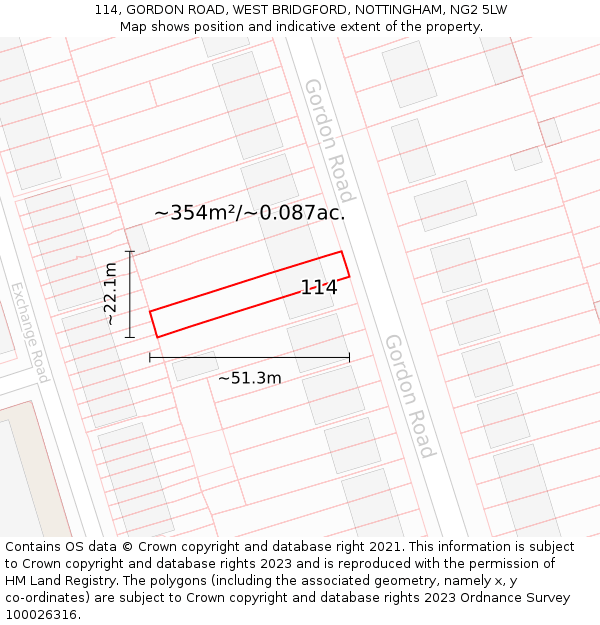 114, GORDON ROAD, WEST BRIDGFORD, NOTTINGHAM, NG2 5LW: Plot and title map