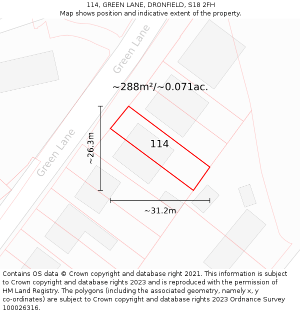 114, GREEN LANE, DRONFIELD, S18 2FH: Plot and title map