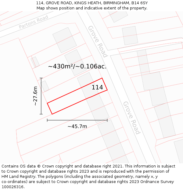 114, GROVE ROAD, KINGS HEATH, BIRMINGHAM, B14 6SY: Plot and title map