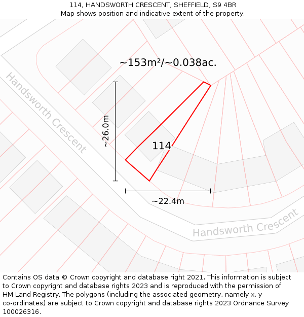 114, HANDSWORTH CRESCENT, SHEFFIELD, S9 4BR: Plot and title map