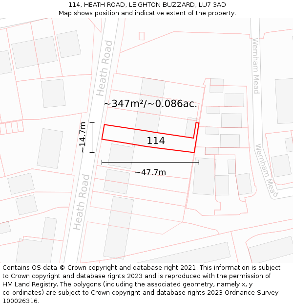 114, HEATH ROAD, LEIGHTON BUZZARD, LU7 3AD: Plot and title map