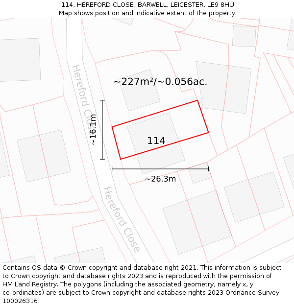 114, HEREFORD CLOSE, BARWELL, LEICESTER, LE9 8HU: Plot and title map