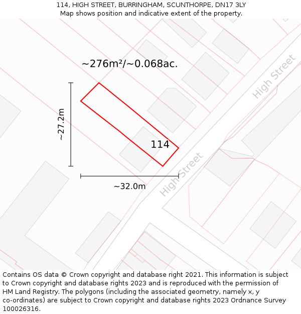 114, HIGH STREET, BURRINGHAM, SCUNTHORPE, DN17 3LY: Plot and title map