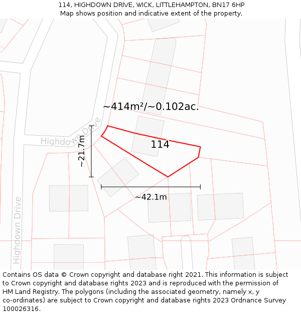 114, HIGHDOWN DRIVE, WICK, LITTLEHAMPTON, BN17 6HP: Plot and title map