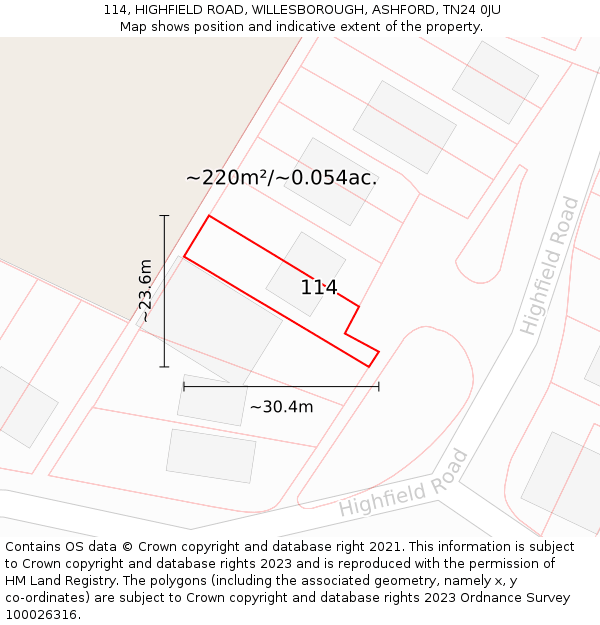 114, HIGHFIELD ROAD, WILLESBOROUGH, ASHFORD, TN24 0JU: Plot and title map