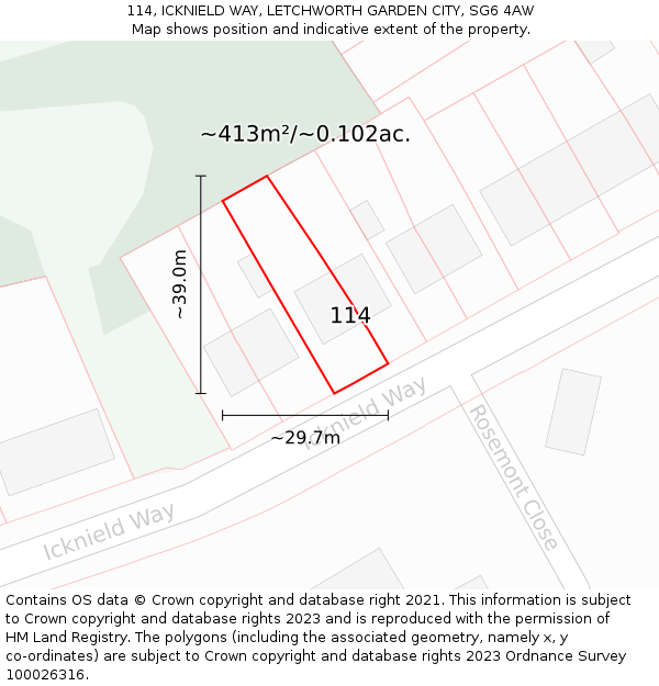 114, ICKNIELD WAY, LETCHWORTH GARDEN CITY, SG6 4AW: Plot and title map