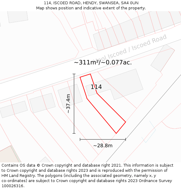 114, ISCOED ROAD, HENDY, SWANSEA, SA4 0UN: Plot and title map