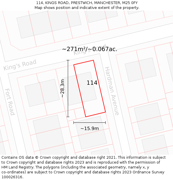 114, KINGS ROAD, PRESTWICH, MANCHESTER, M25 0FY: Plot and title map