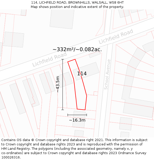 114, LICHFIELD ROAD, BROWNHILLS, WALSALL, WS8 6HT: Plot and title map