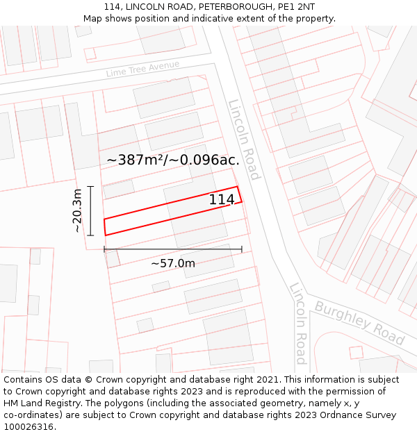 114, LINCOLN ROAD, PETERBOROUGH, PE1 2NT: Plot and title map