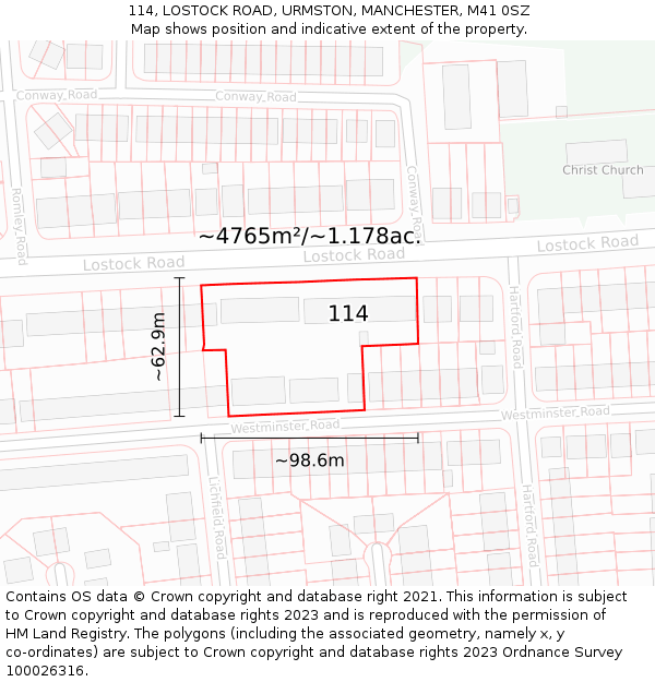 114, LOSTOCK ROAD, URMSTON, MANCHESTER, M41 0SZ: Plot and title map