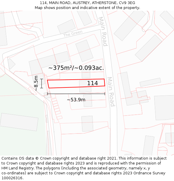 114, MAIN ROAD, AUSTREY, ATHERSTONE, CV9 3EG: Plot and title map