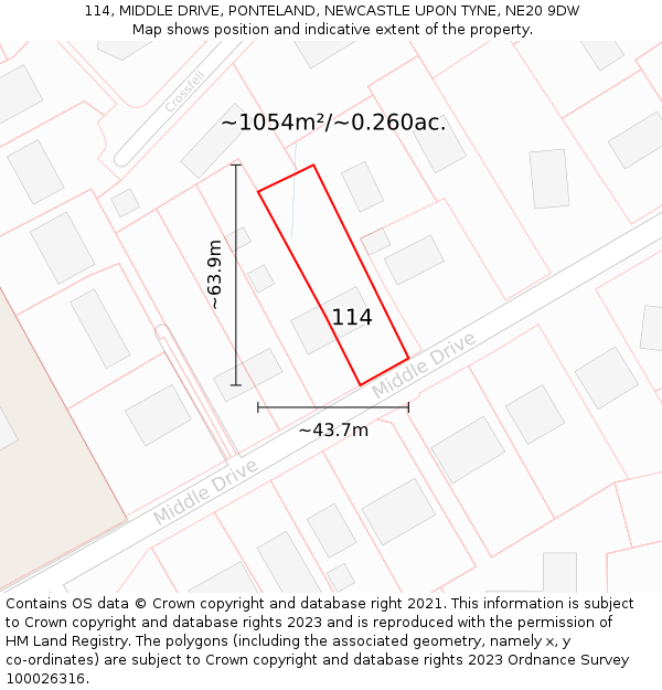 114, MIDDLE DRIVE, PONTELAND, NEWCASTLE UPON TYNE, NE20 9DW: Plot and title map