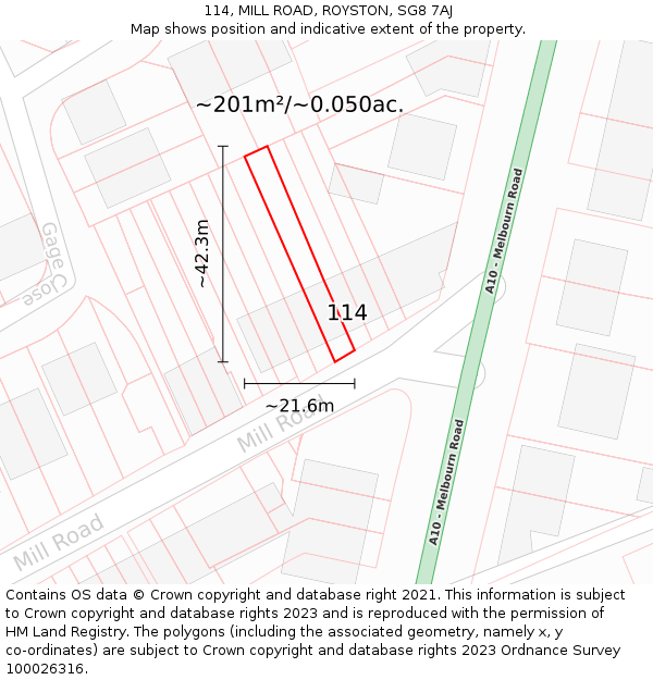 114, MILL ROAD, ROYSTON, SG8 7AJ: Plot and title map