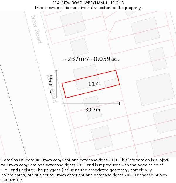 114, NEW ROAD, WREXHAM, LL11 2HD: Plot and title map