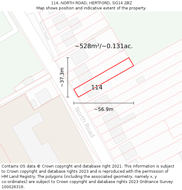 114, NORTH ROAD, HERTFORD, SG14 2BZ: Plot and title map