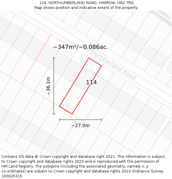 114, NORTHUMBERLAND ROAD, HARROW, HA2 7RG: Plot and title map