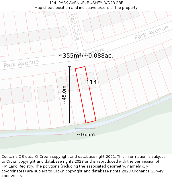 114, PARK AVENUE, BUSHEY, WD23 2BB: Plot and title map